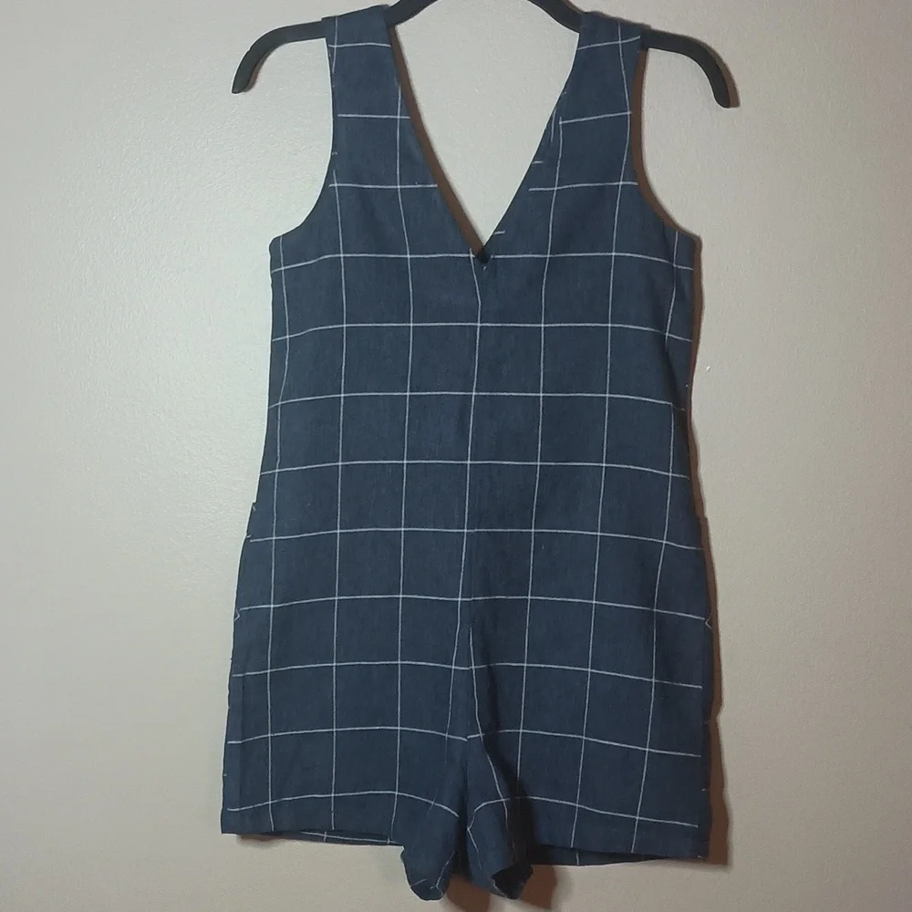 Topshop Romper Linen/Cotton Check Button